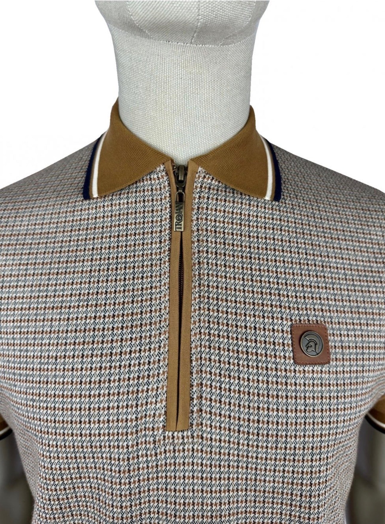 TROJAN Mini Houndstooth Zip Panel Polo TR/9071 - Tan