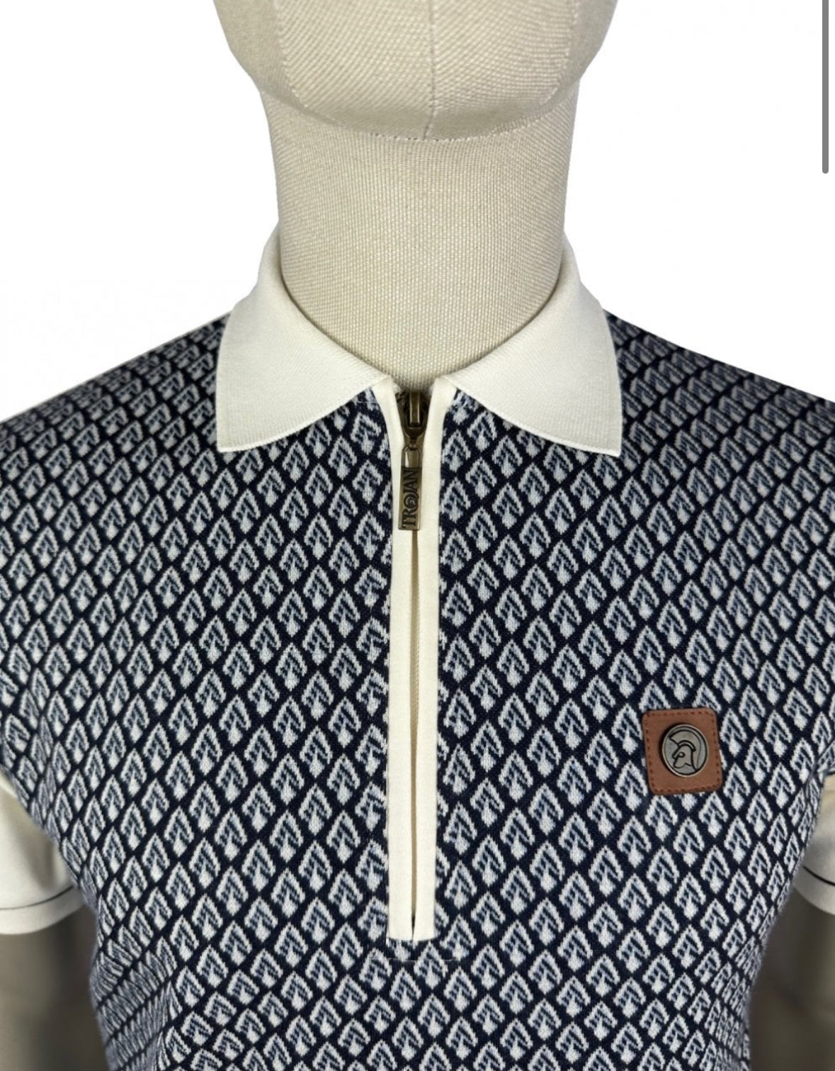 Jacquard Panel Zip Polo - Ecru