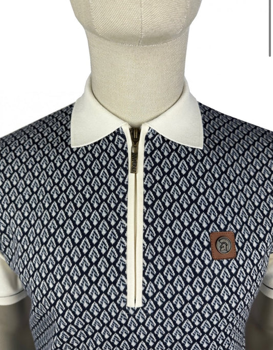 Jacquard Panel Zip Polo - Ecru