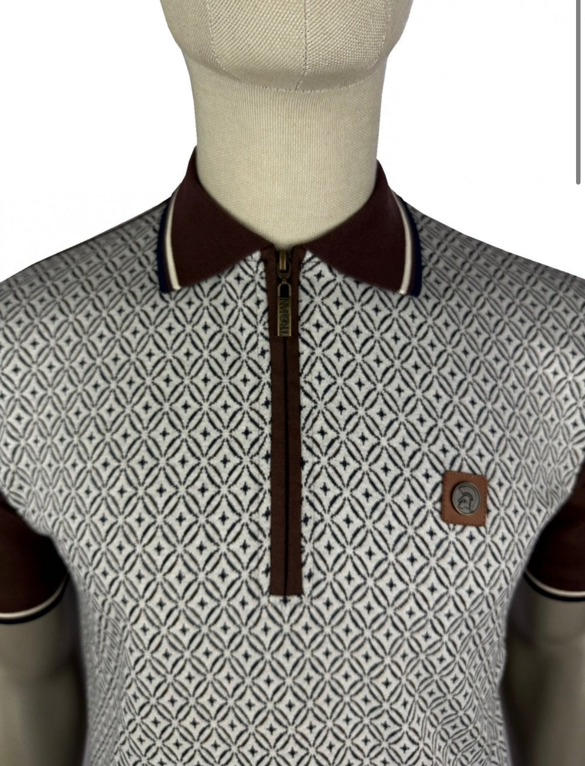 Geometric Zip Panel Polo - Chocolate