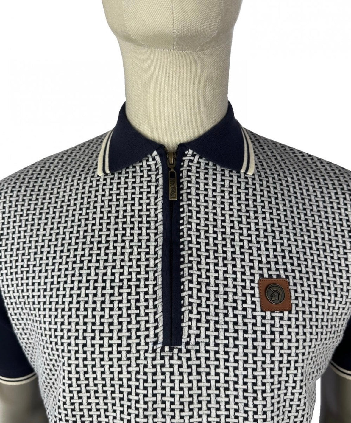Basket Knit Zip Panel Polo - Navy