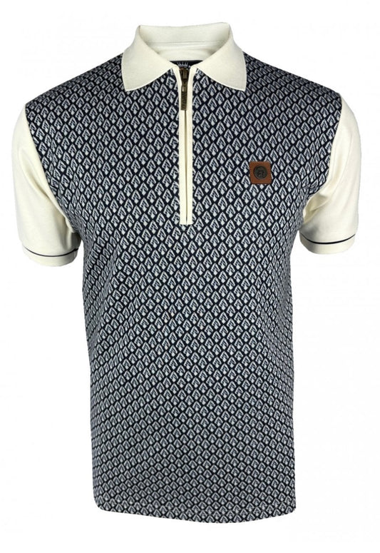 Jacquard Panel Zip Polo - Ecru