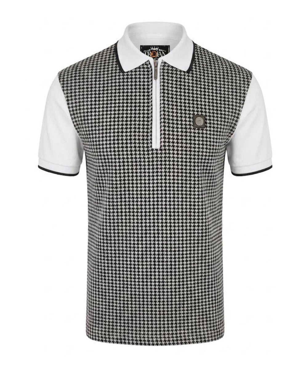 Mono Houndstooth Zip Polo - White TR/9125