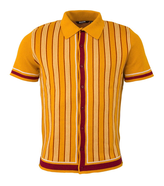 Men's Full Button Striped Polo - Mustard -VS-10
