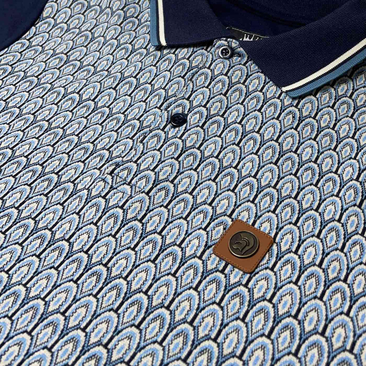 Trojan Retro Scale Jacquard Knit Panel Polo - Navy