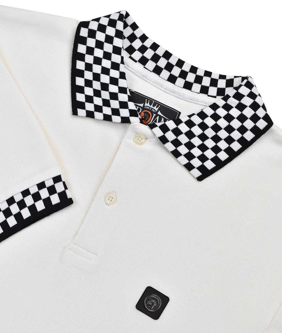 Checkerboard Trim Pique Polo - White