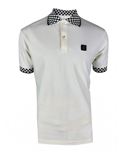Checkerboard Trim Pique Polo - White
