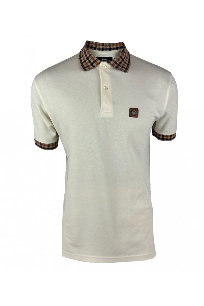 Trojan Gingham Trim Pique Polo - Ecru