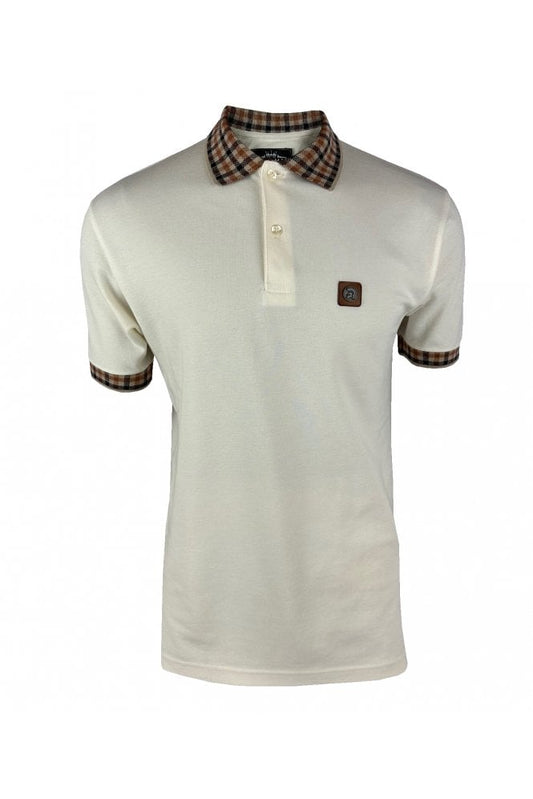 Trojan Gingham Trim Pique Polo - Ecru