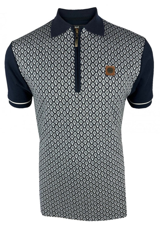 Jacquard Panel Zip Polo - Navy