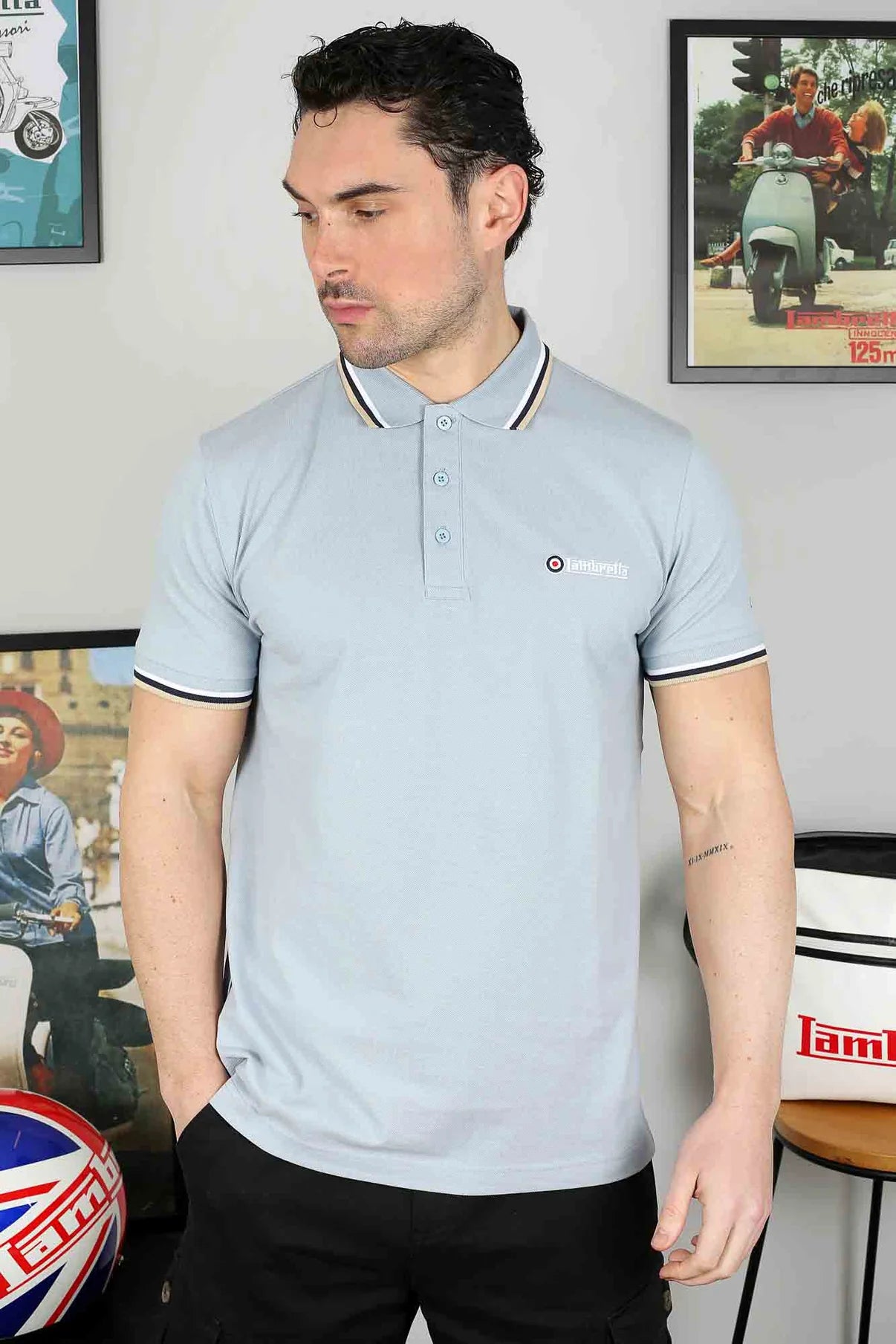 TRIPLE TIPPED POLO - Dusky Blue (white/navy/cream)