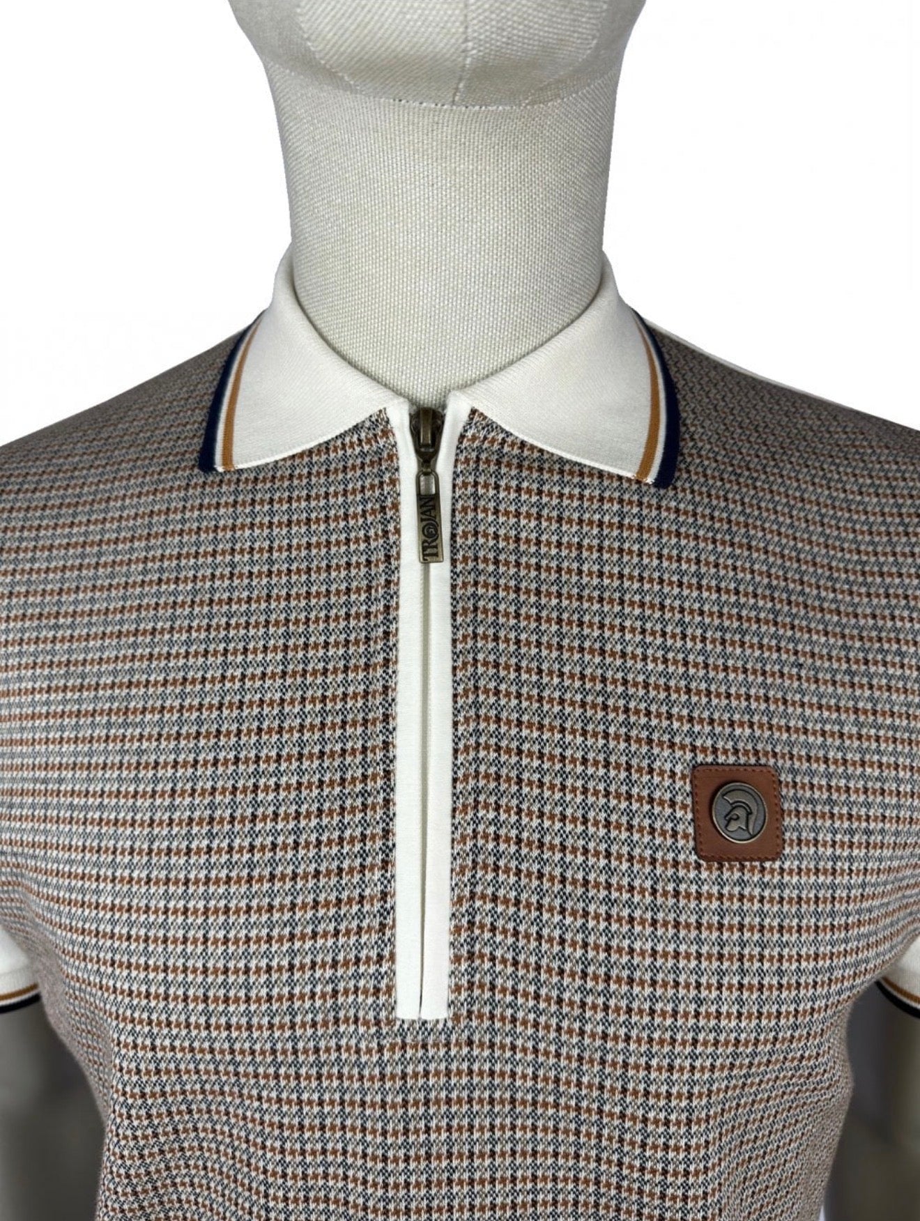 TROJAN Mini Houndstooth Zip Panel Polo TR/9071 - Ecru