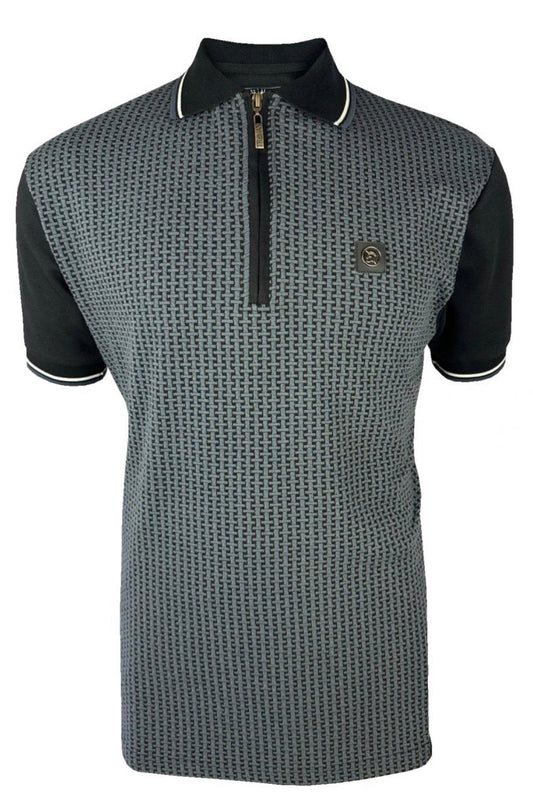 Basket Knit Zip Panel Polo - Black