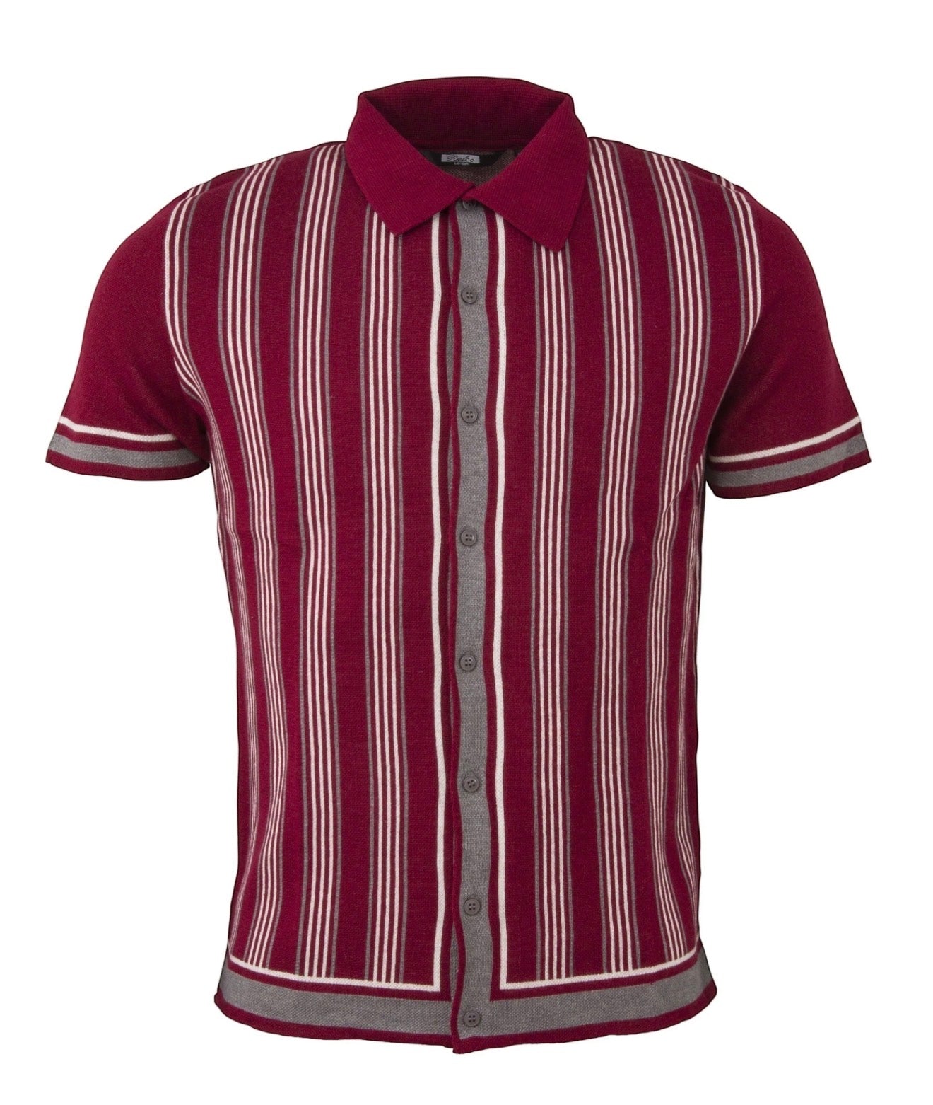Men's Full Button Striped Polo - Burgundy VS-10