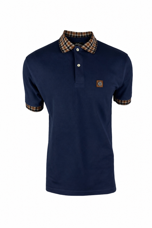 Trojan Gingham Trim Pique Polo - Navy