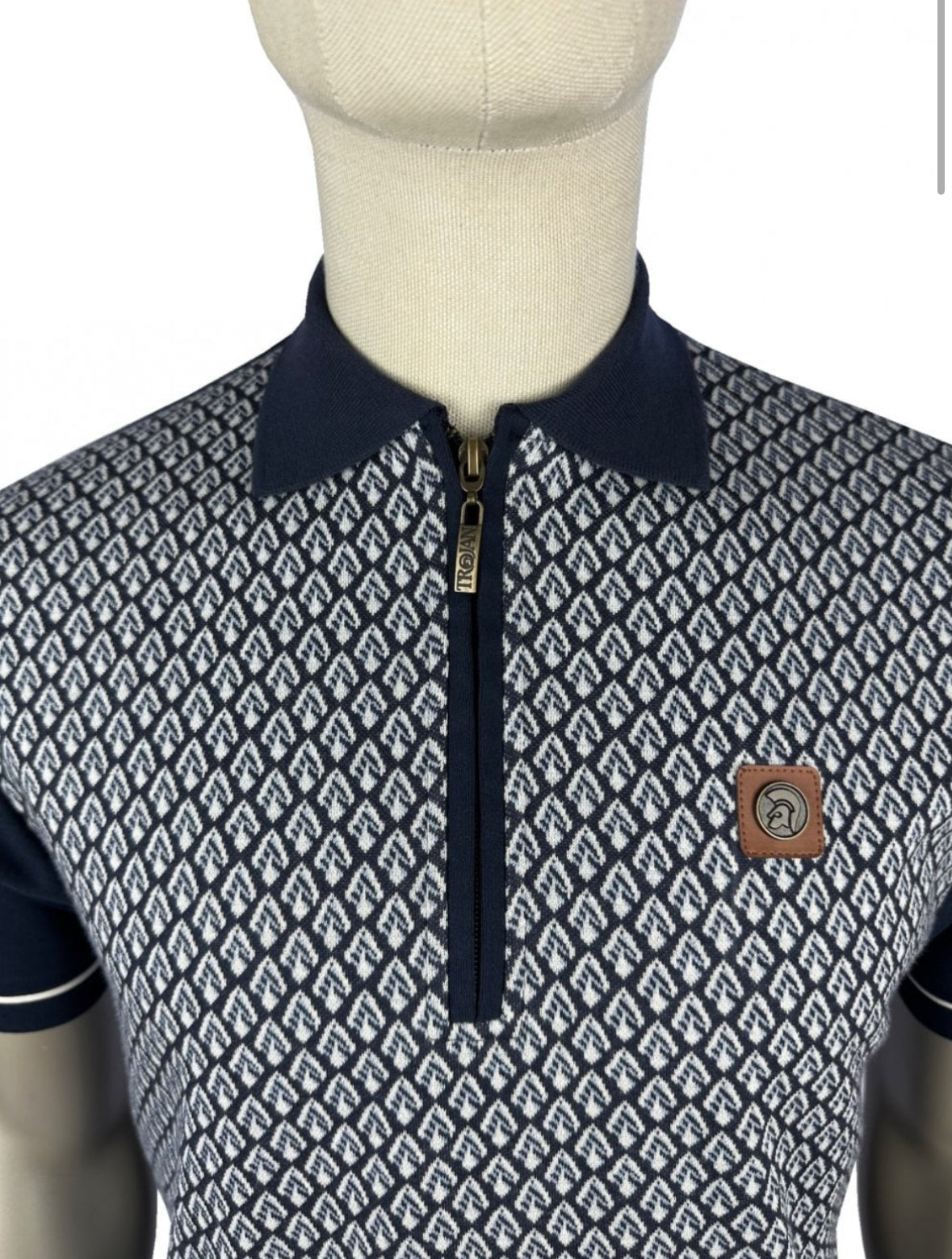 Jacquard Panel Zip Polo - Navy