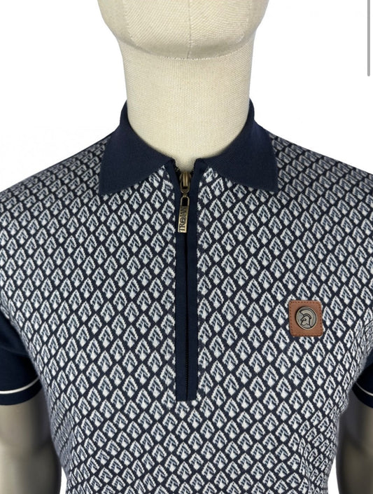Jacquard Panel Zip Polo - Navy