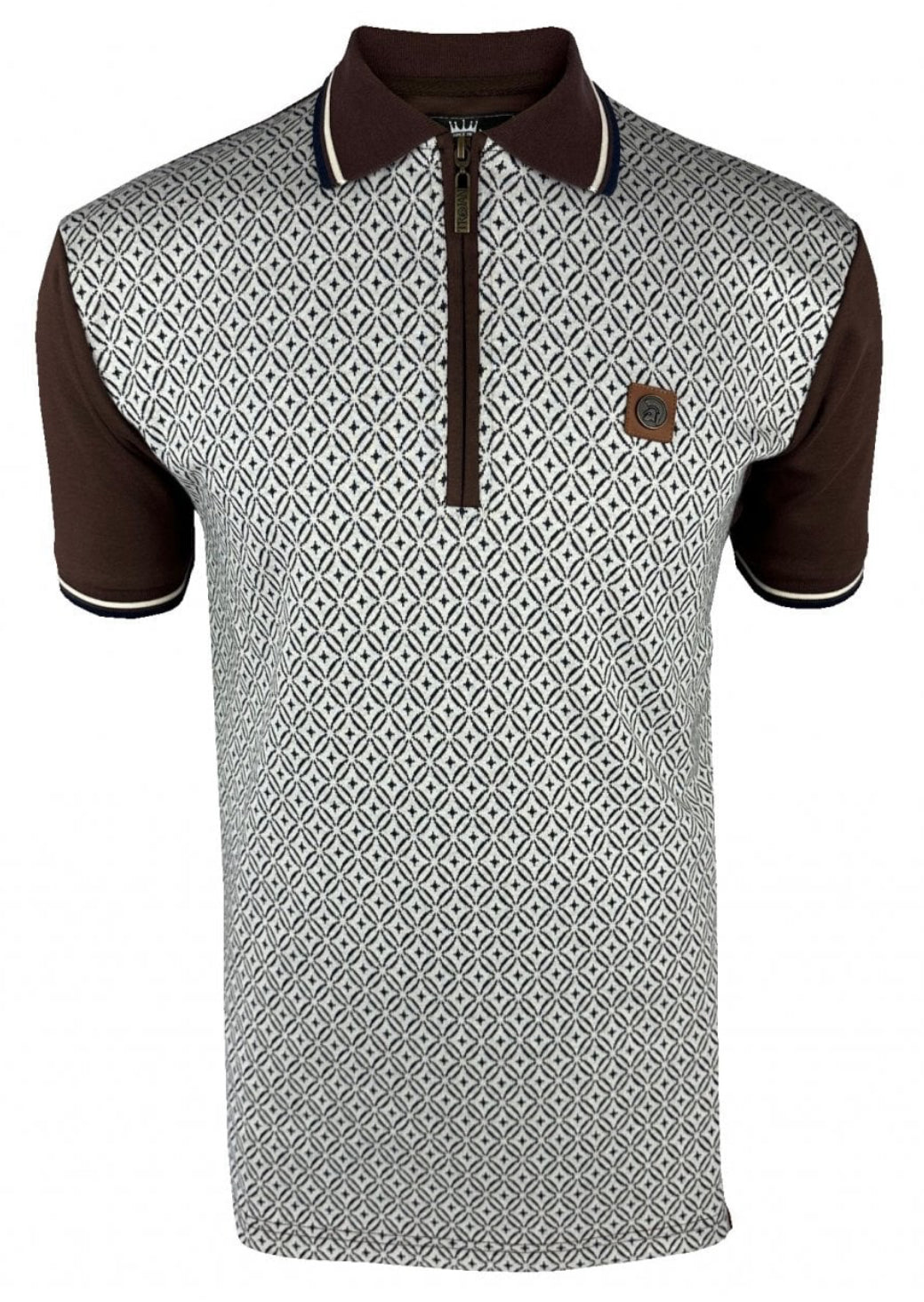 Geometric Zip Panel Polo - Chocolate