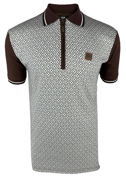 Geometric Zip Panel Polo - Chocolate