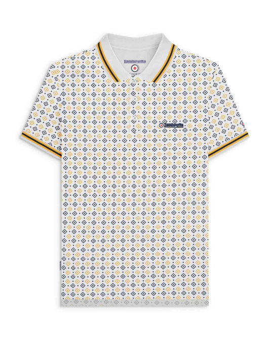 Geo AOP Polo - White / Navy / Gold